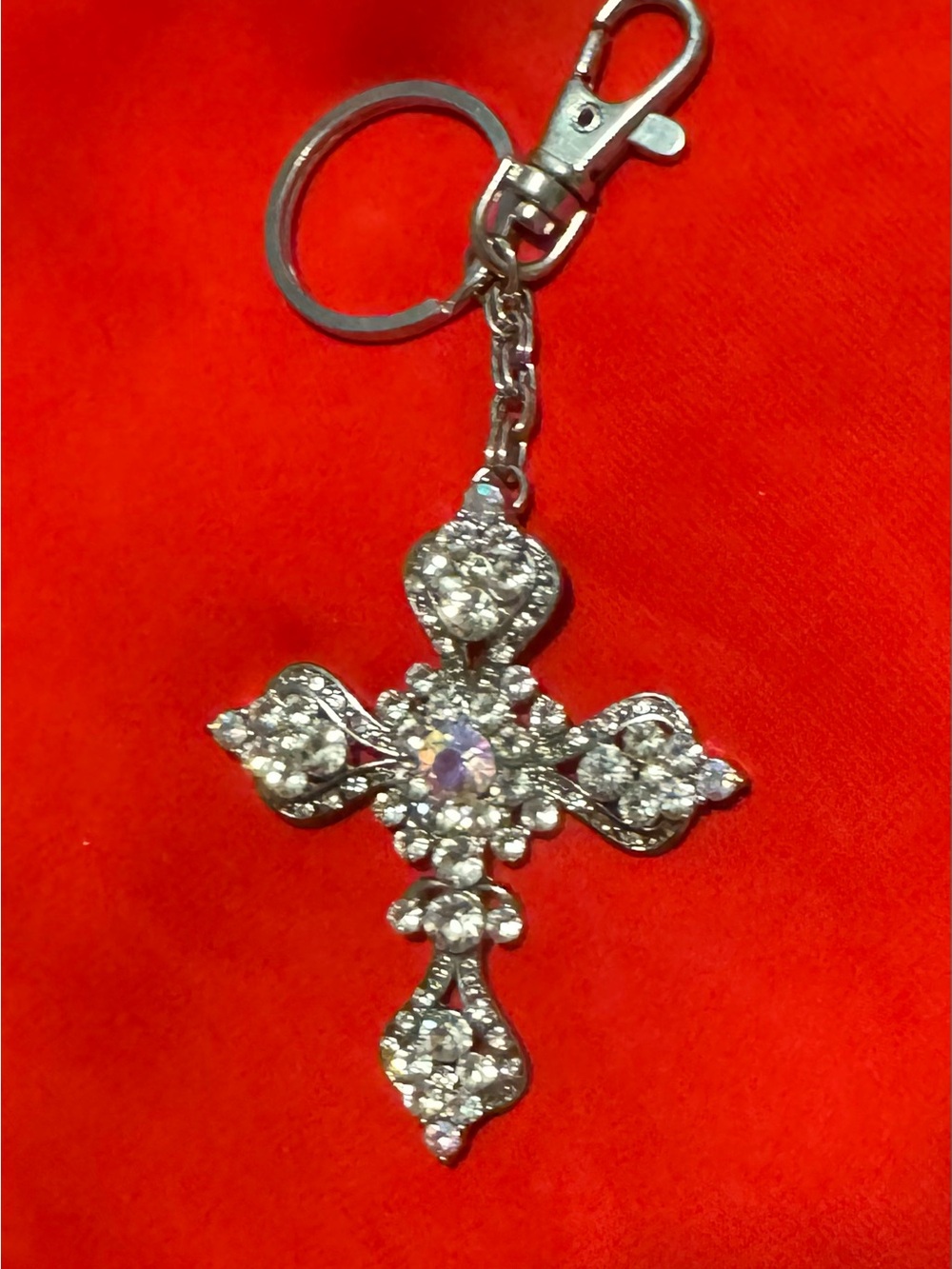 Crystal Cross Keychain Charm - Silver Rhinestones